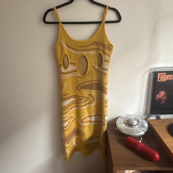 Yellow‎ Swirl Cutout Knit Midi Dress Spaghetti Straps - Picture 8 of 10